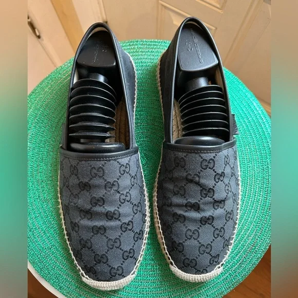Gucci Men’s GG Canvas Leather Espadrilles Navy Made in Spain Excellent Condition